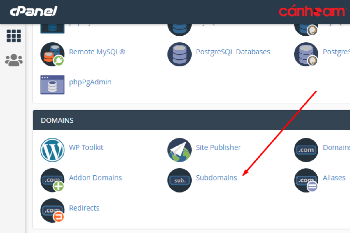 Chọn mục Subdomains trong cPanel để tạo tên miền phụ