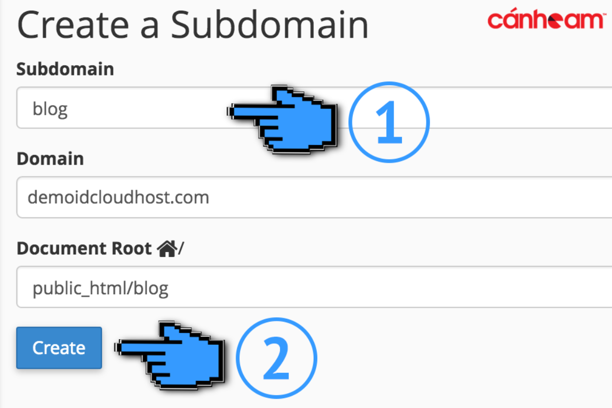 Nhập tên Subdomain và nhấn Create