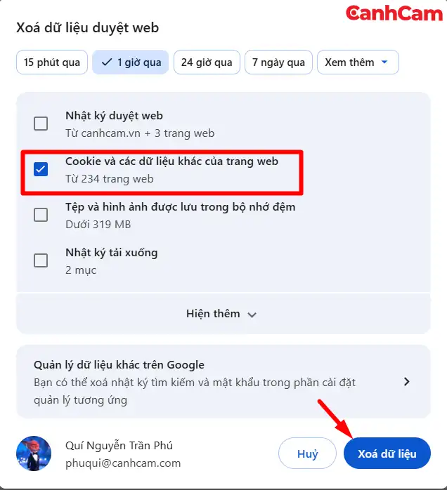 Tích chọn xóa "Cookie và các dữ liệu trang web khác"