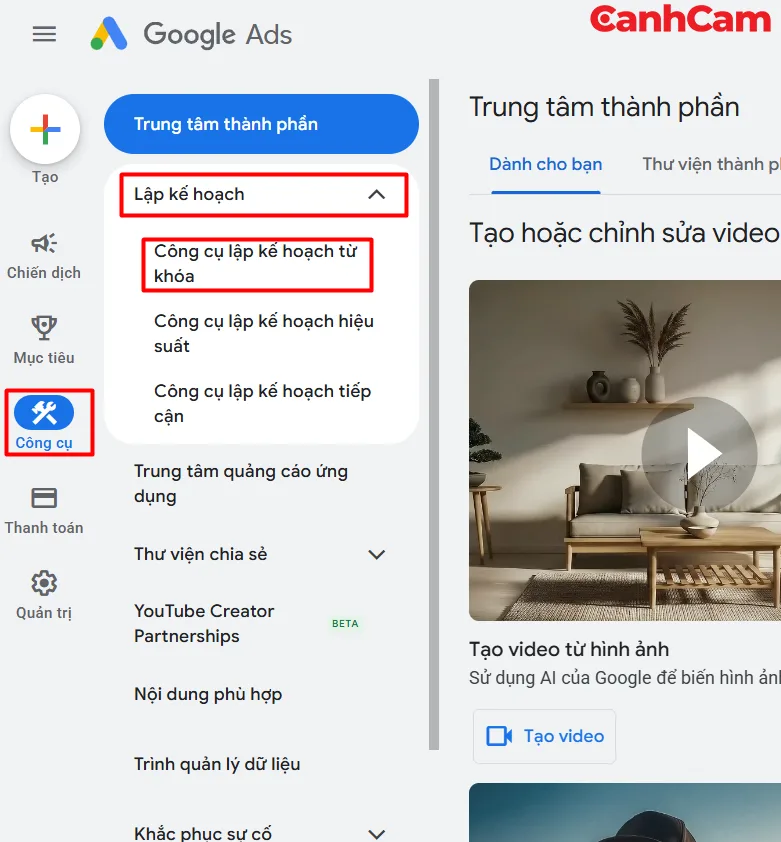 Từng bước vào công cụ google keyword planner